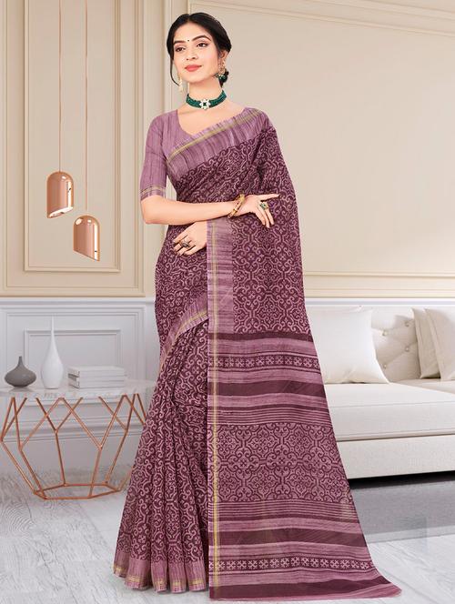 purple cotton printed saree - 19501342 - Very Small Image - 1