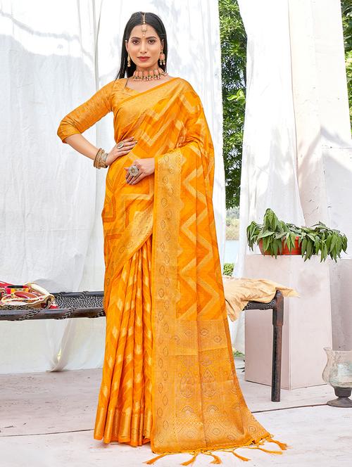 yellow self design woven saree with blouse - 19501660 - Very Small Image - 1