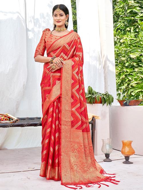 peach self design woven saree with blouse - 19501661 - Very Small Image - 1