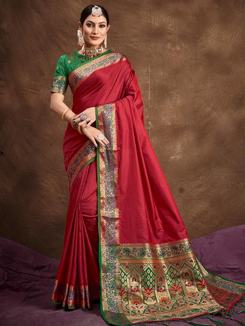 red self design woven saree - 19501686 - Very Small Image - 1