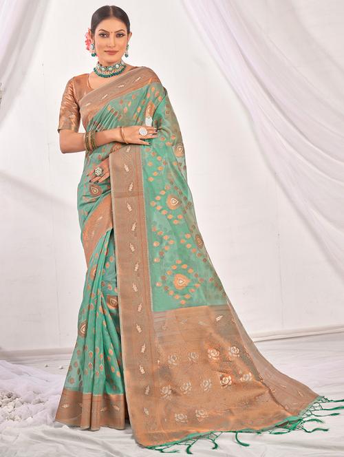 turquoise self design embroidered saree - 19501733 - Very Small Image - 1