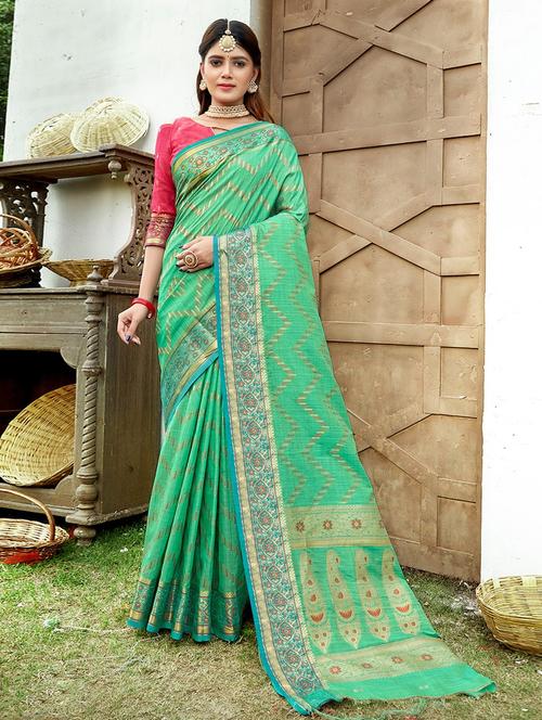 turquoise self design woven saree - 19501754 - Very Small Image - 1