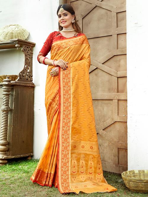 yellow self design woven saree - 19501755 - Very Small Image - 1