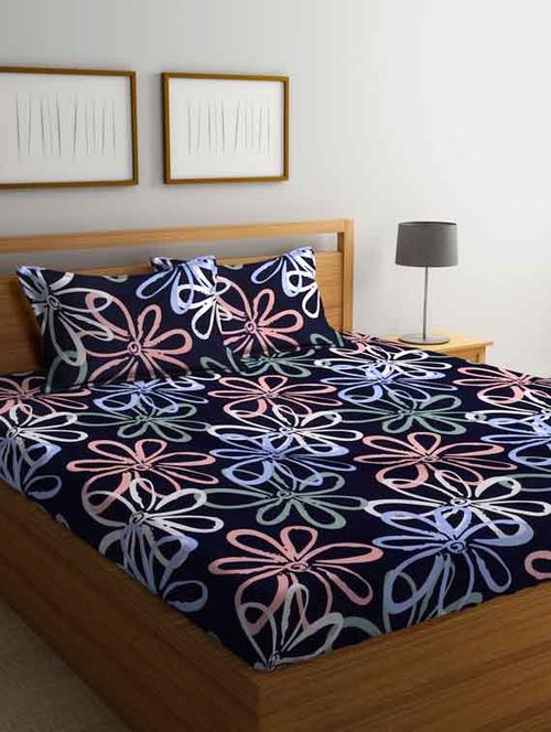 fabinaliv blue floral 210 tc cotton blend king size double bedsheet with 2 pillow covers - 19503589 - Very Small Image - 1