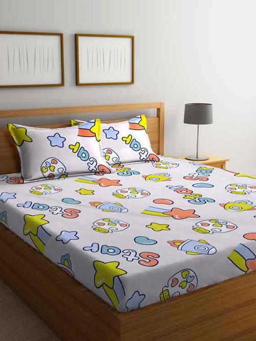 fabinaliv white cartoon print 210 tc cotton blend king size double bedsheet with 2 pillow covers - 19503590 - Very Small Image - 1