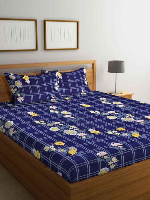 fabinaliv blue floral 210 tc cotton blend king size double bedsheet with 2 pillow covers - 19503594 - Very Small Image - 1