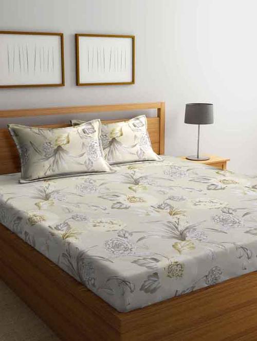 fabinaliv cream floral 210 tc cotton blend king size double bedsheet with 2 pillow covers - 19503598 - Very Small Image - 1
