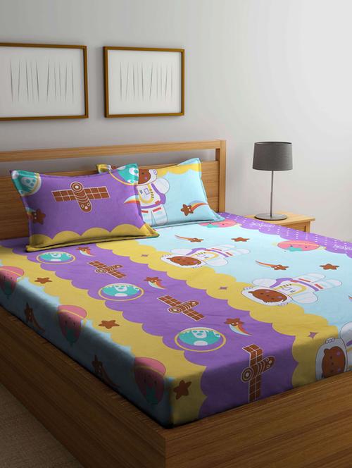 fabinaliv multicolor cartoon print 210 tc cotton blend king size double bedsheet with 2 pillow covers - 19503620 - Very Small Image - 1