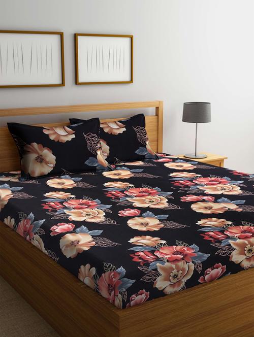 fabinaliv black floral 210 tc cotton blend king size double bedsheet with 2 pillow covers - 19503621 - Very Small Image - 1