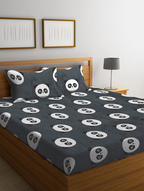 fabinaliv grey cartoon print 210 tc cotton blend king size double bedsheet with 2 pillow covers - 19503646 - Very Small Image - 1
