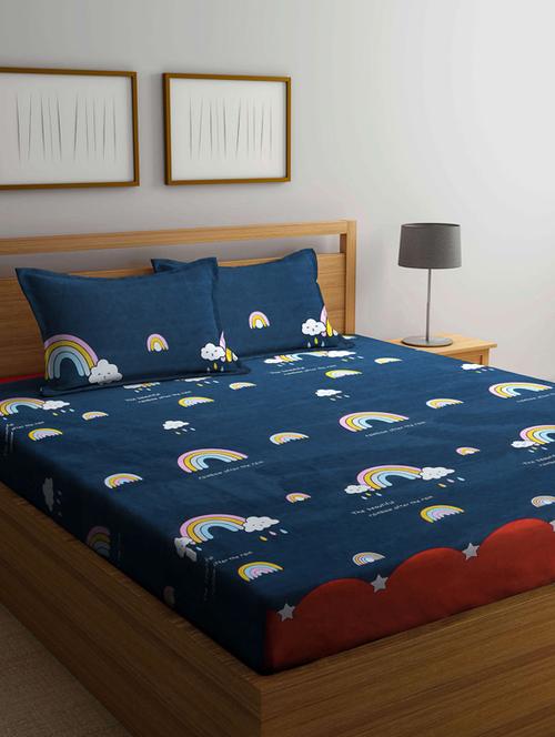 fabinaliv blue cartoon print 210 tc cotton blend king size double bedsheet with 2 pillow covers - 19503649 - Very Small Image - 1