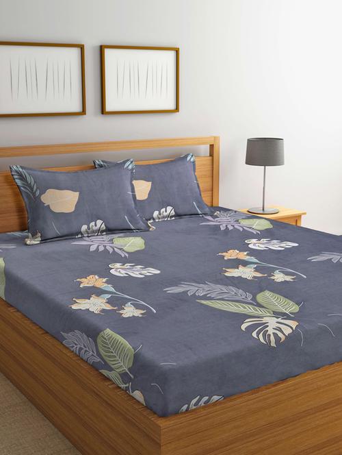 fabinaliv grey floral 210 tc cotton blend king size double bedsheet with 2 pillow covers - 19503668 - Very Small Image - 1