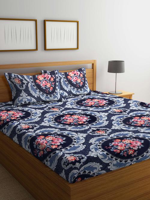 fabinaliv blue floral 210 tc cotton blend king size double bedsheet with 2 pillow covers - 19503672 - Very Small Image - 1