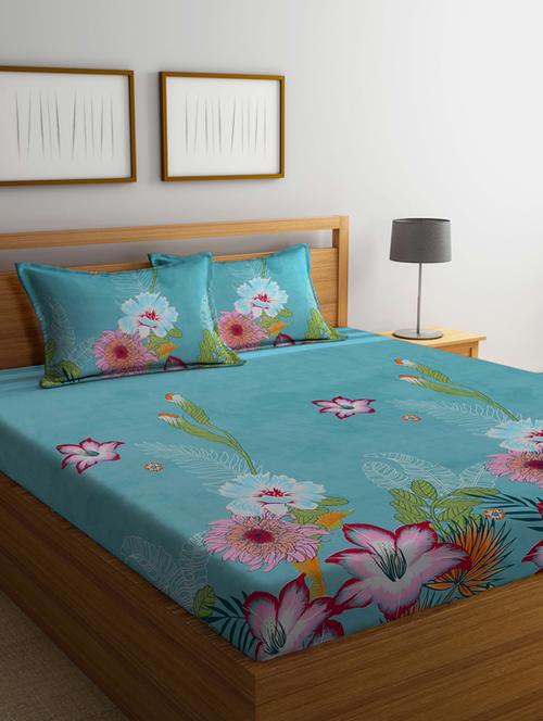 fabinaliv teal floral 210 tc cotton blend king size double bedsheet with 2 pillow covers - 19503674 - Very Small Image - 1