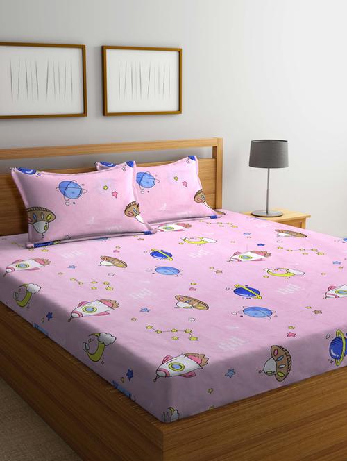 fabinaliv pink cartoon print 210 tc cotton blend king size double bedsheet with 2 pillow covers - 19503676 - Very Small Image - 1