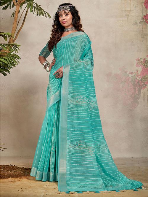 turquoise self design woven saree with blouse - 19504642 - Very Small Image - 1