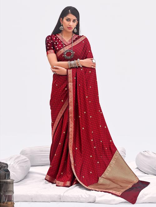 maroon self design woven saree with blouse - 19504653 - Very Small Image - 1