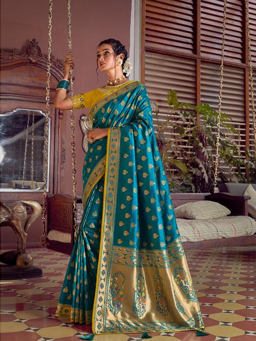 blue self design woven saree with blouse - 19504660 - Very Small Image - 1