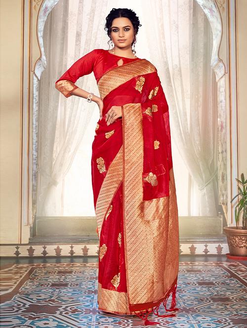red self design woven saree with blouse - 19504677 - Very Small Image - 1