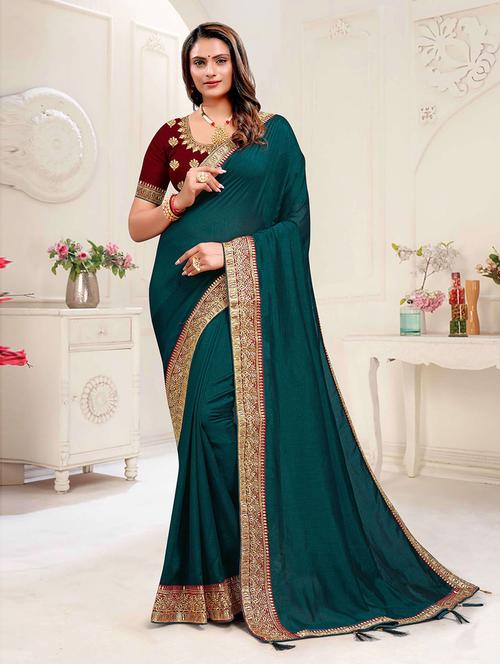 teal self design saree with blouse - 19504710 - Very Small Image - 1