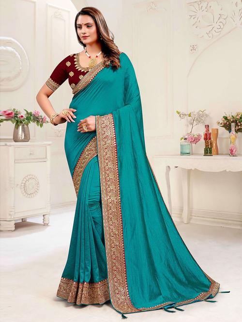 turquoise self design saree with blouse - 19504711 - Very Small Image - 1