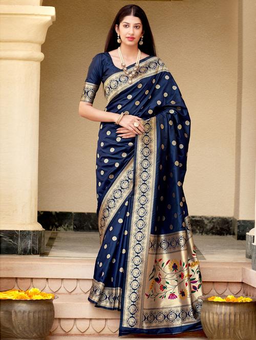 blue self design woven saree with blouse - 19504746 - Very Small Image - 1