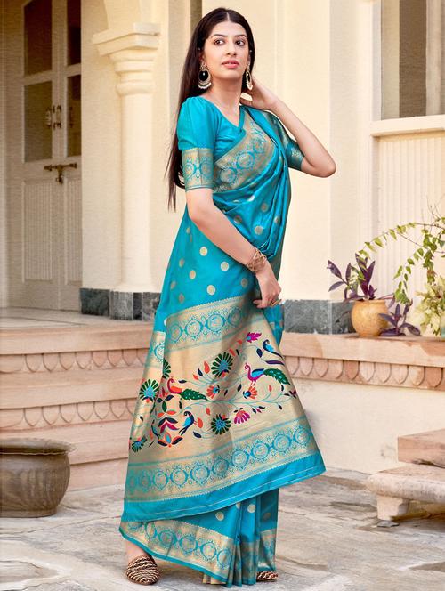 blue self design woven saree with blouse - 19504748 - Very Small Image - 1