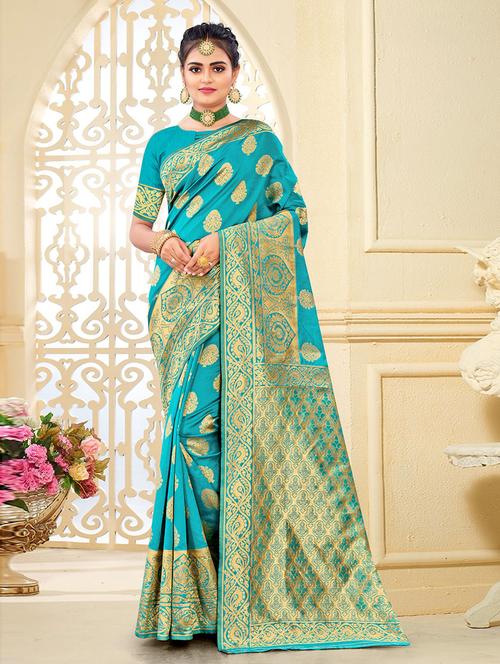 sky blue self design woven saree with blouse - 19504754 - Very Small Image - 1