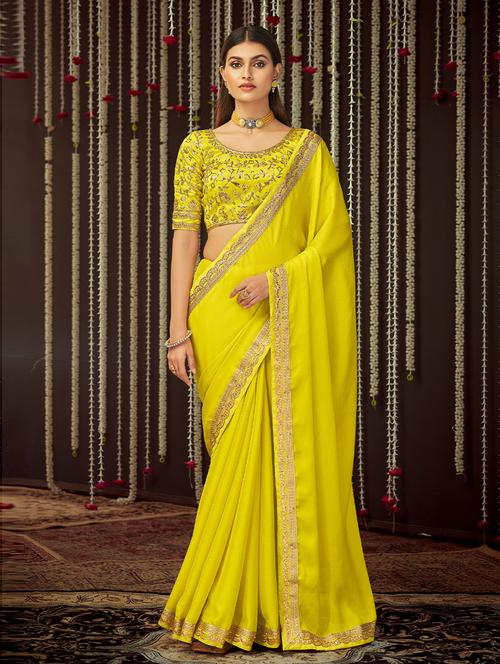 yellow self design saree with blouse - 19504777 - Very Small Image - 1