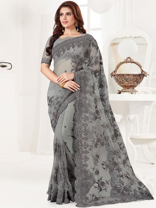 grey self design saree with blouse - 19504835 - Very Small Image - 1