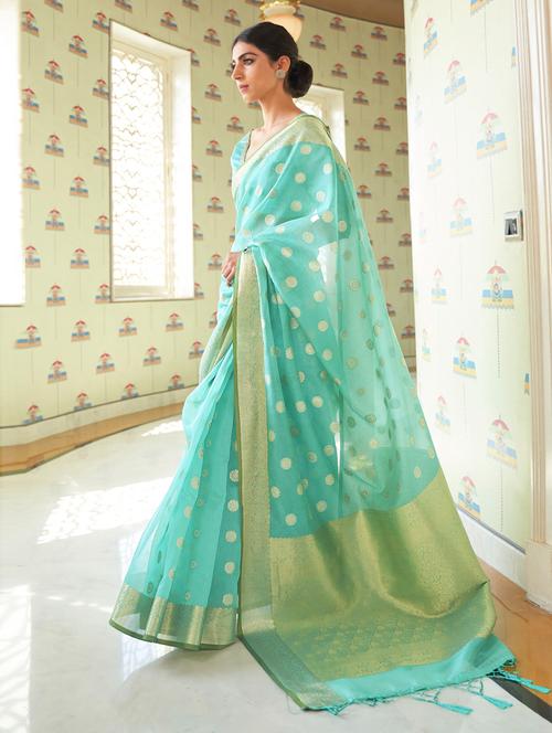 turquoise self design woven saree with blouse - 19504852 - Very Small Image - 1