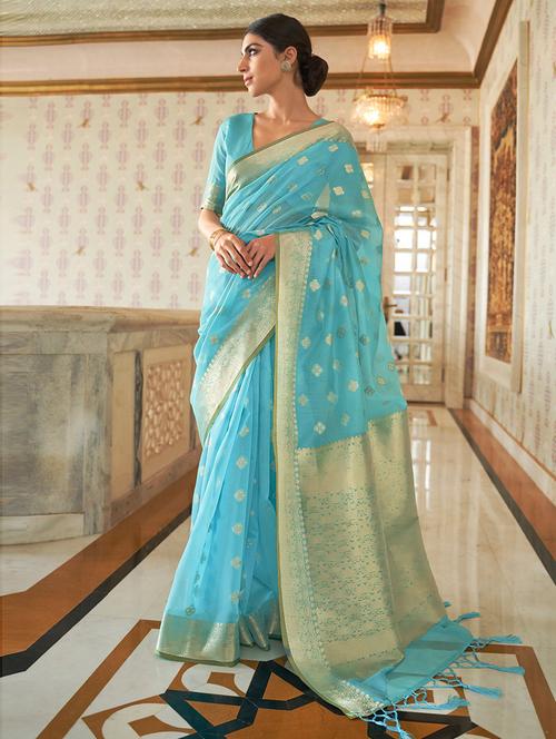 blue self design woven saree with blouse - 19504854 - Very Small Image - 1