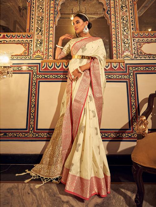 cream self design woven saree with blouse - 19504860 - Very Small Image - 1