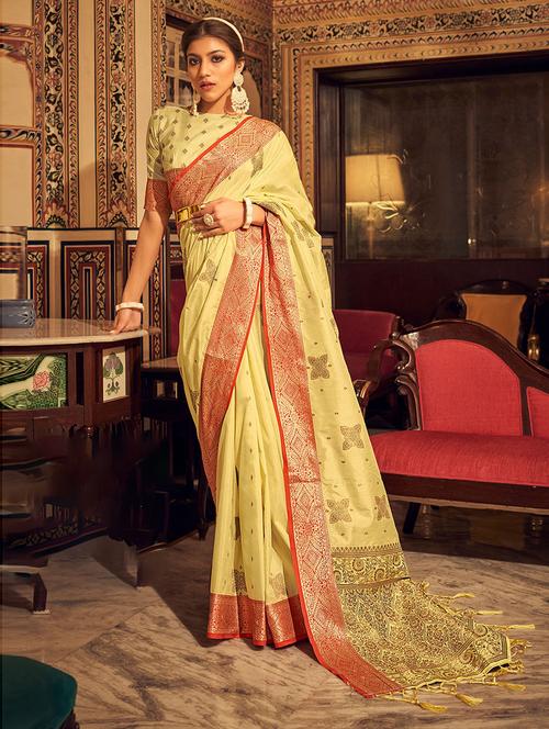 yellow self design woven saree with blouse - 19504862 - Very Small Image - 1