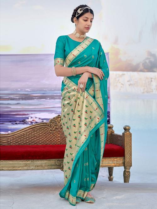 turquoise self design woven saree with blouse - 19504868 - Very Small Image - 1