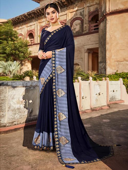 blue self design saree with blouse - 19504879 - Very Small Image - 1