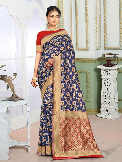 blue self design woven saree with blouse - 19504886 - Very Small Image - 1