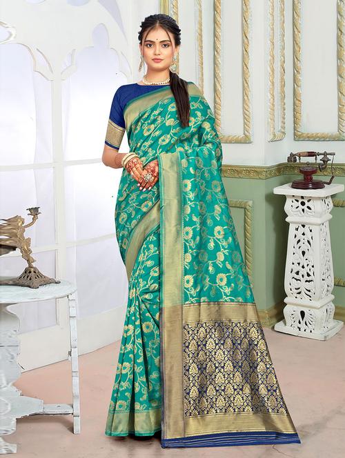 turquoise self design woven saree with blouse - 19504890 - Very Small Image - 1