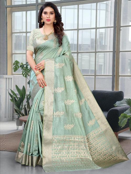 light green self design woven saree with blouse - 19504898 - Very Small Image - 1