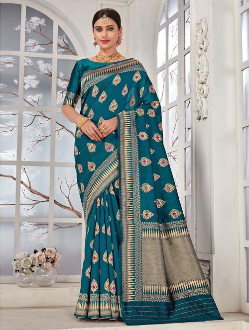 teal self design woven saree with blouse - 19504916 - Very Small Image - 1