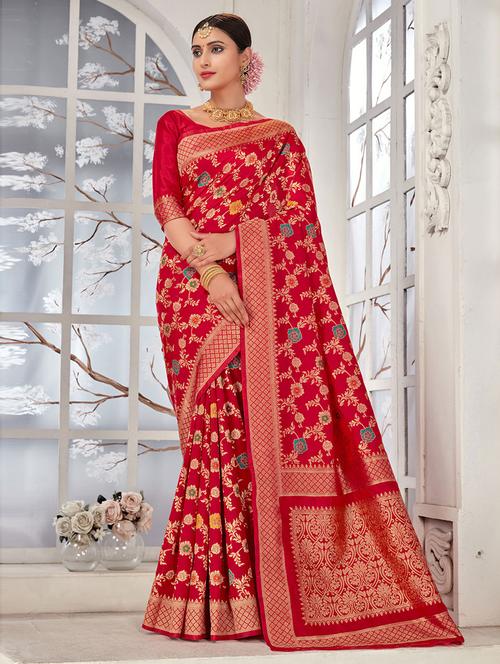 red self design woven saree with blouse - 19504918 - Very Small Image - 1