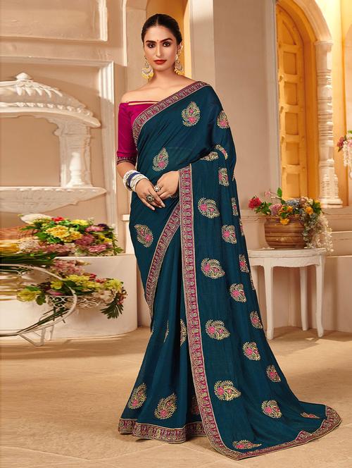 teal self design saree with blouse - 19504950 - Very Small Image - 1
