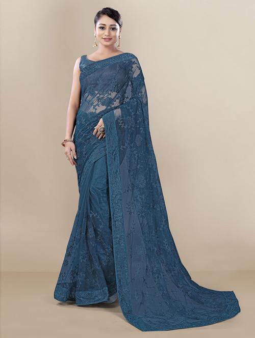teal self design saree with blouse - 19504957 - Very Small Image - 1