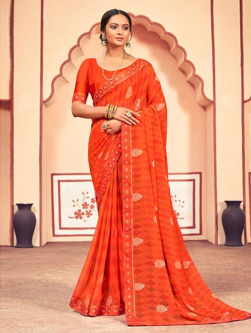 orange printed saree with blouse - 19504988 - Very Small Image - 1
