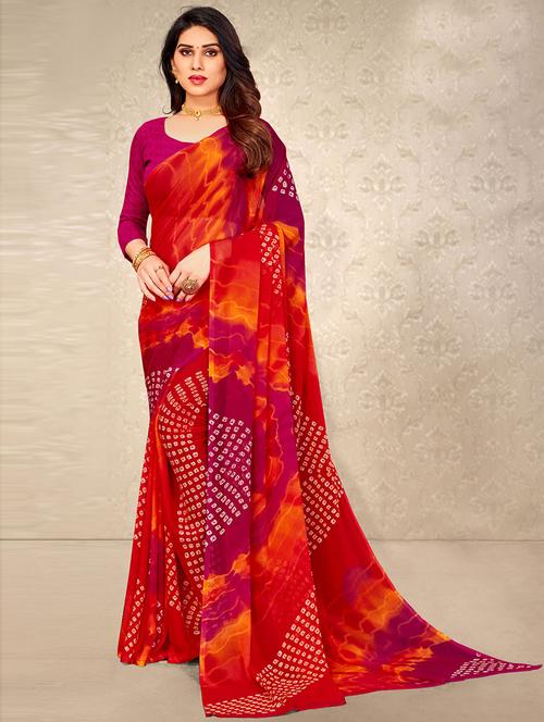 red printed saree with blouse - 19505016 - Very Small Image - 1