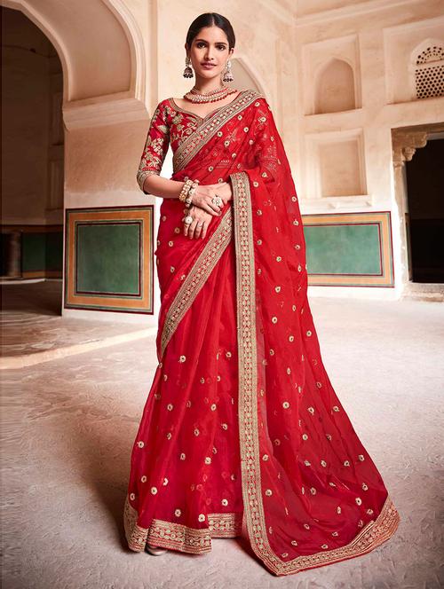 red embroidered saree with blouse - 19505158 - Very Small Image - 1
