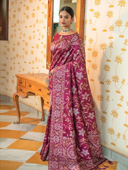 floral gold printed saree with blouse - 19505190 - Very Small Image - 1