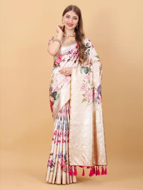 floral print woven saree with blouse - 19505212 - Very Small Image - 1