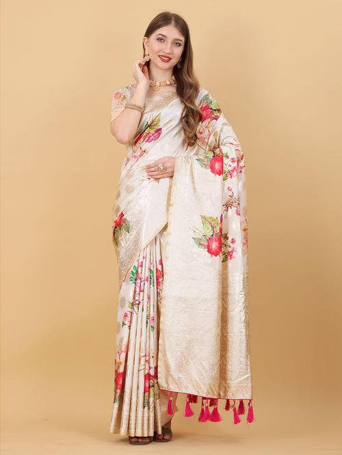 floral print woven saree with blouse - 19505213 - Very Small Image - 1
