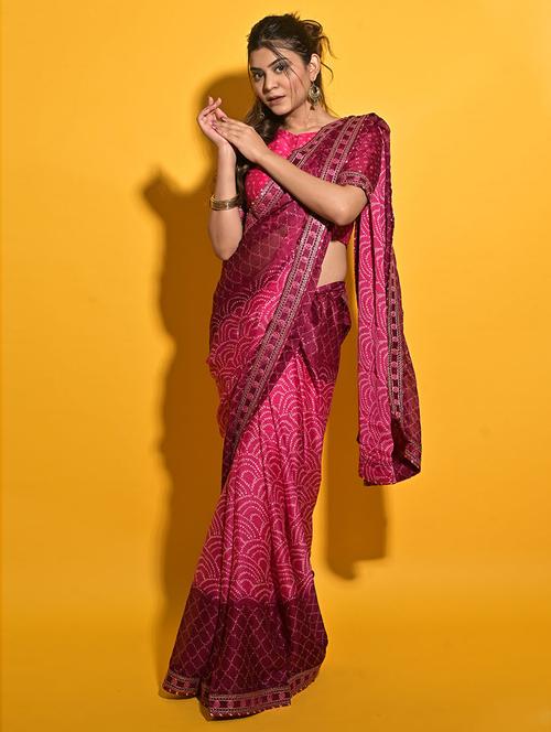printed embroidered bordered saree with blouse - 19505217 - Very Small Image - 1